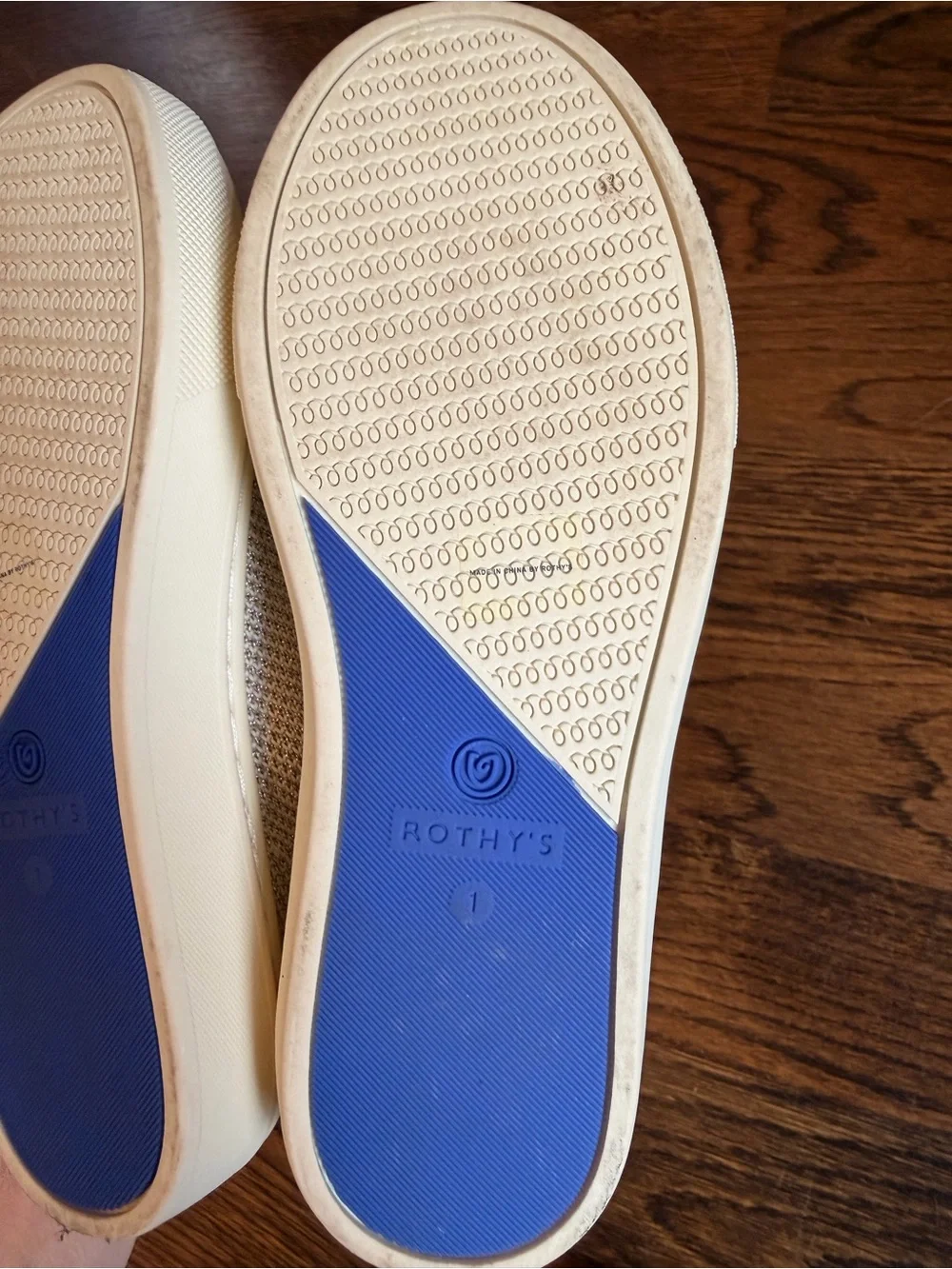 Rothy's Kids Slip-On Knit Sneakers in Light Gold with Blue Trim